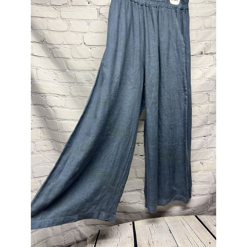 WoolOvers High Waist Pull On Linen Culottes Pants Wide Leg Blue‎ Pockets Size 14 - Picture 2 of 6